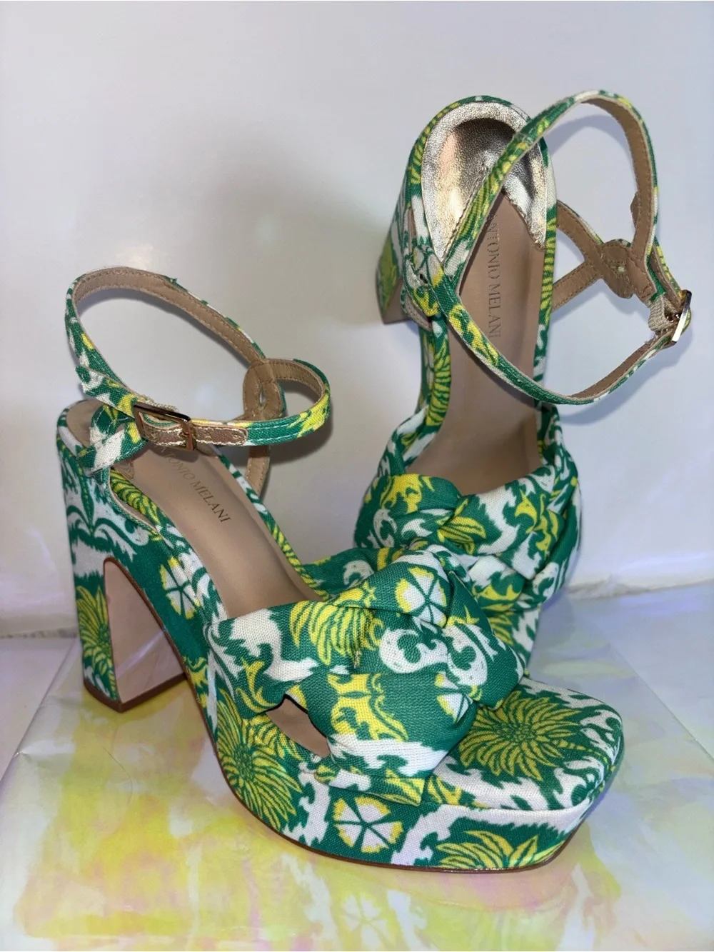 ANTONIO MELANI Green and Yellow Floral Platform Sandals